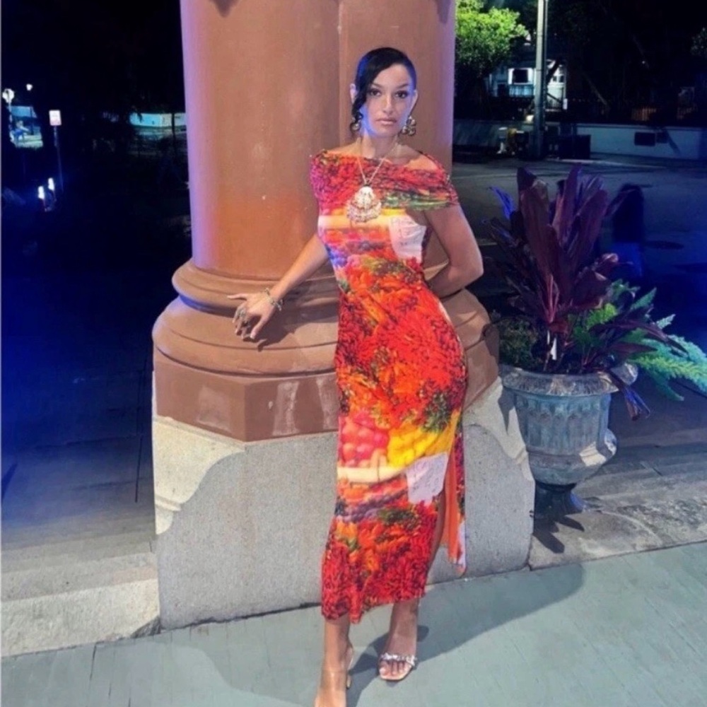 ZARA Over the Shoulder Picante All Print Tulle Bodycon Maxi Dress Fruit - Picture 3 of 7